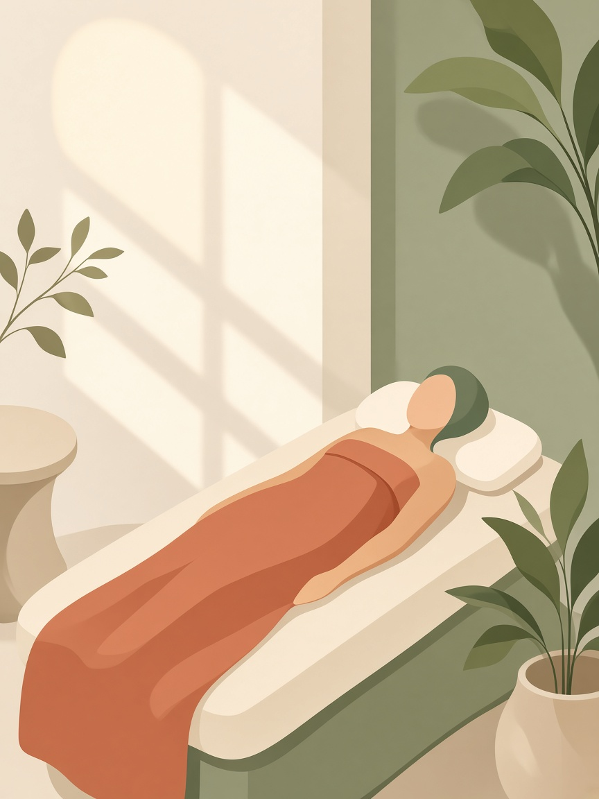 Illustrated calm wellness treatment room with soft morning light