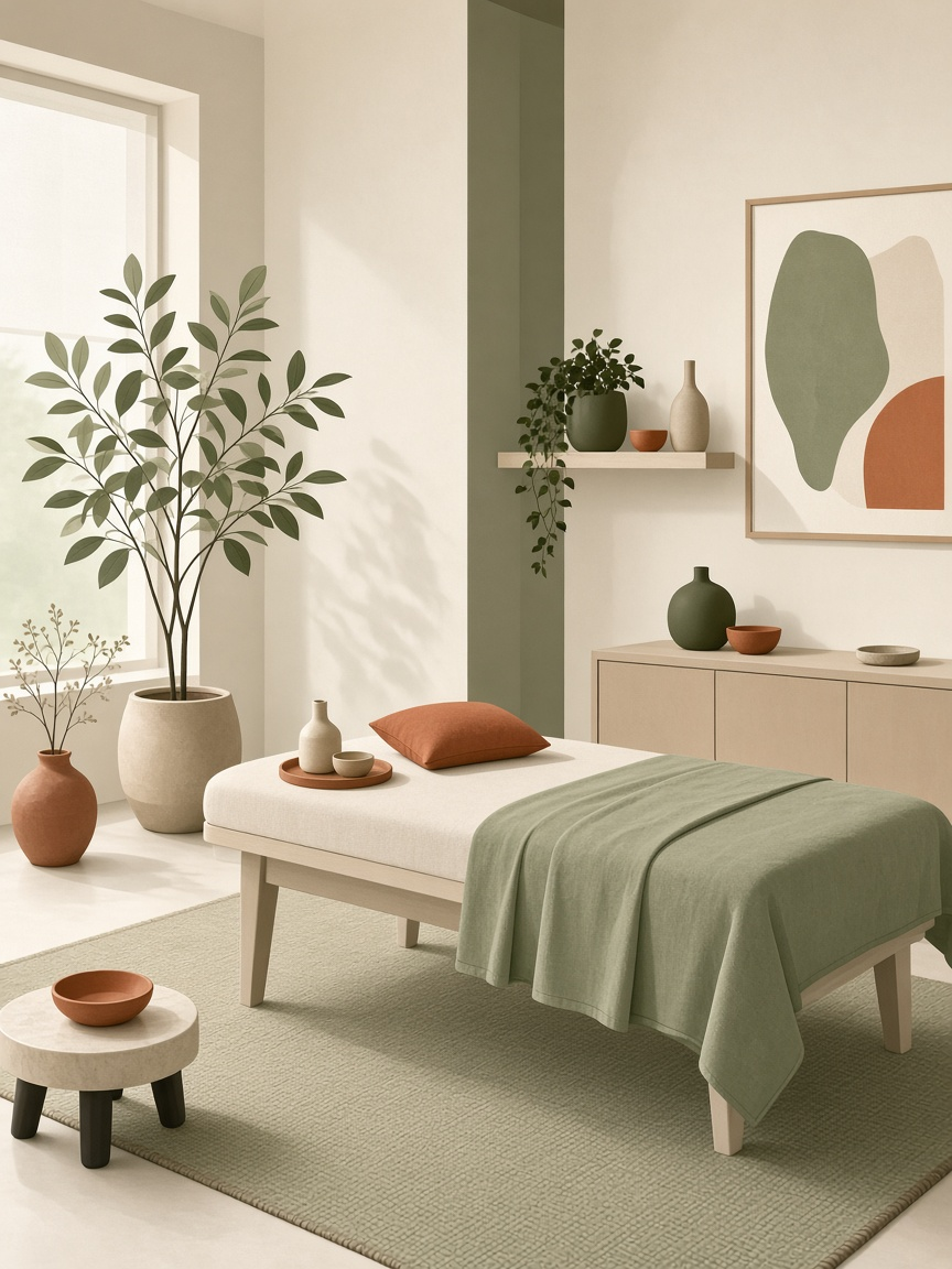 Illustrated calm treatment studio with linen, soft light and plants